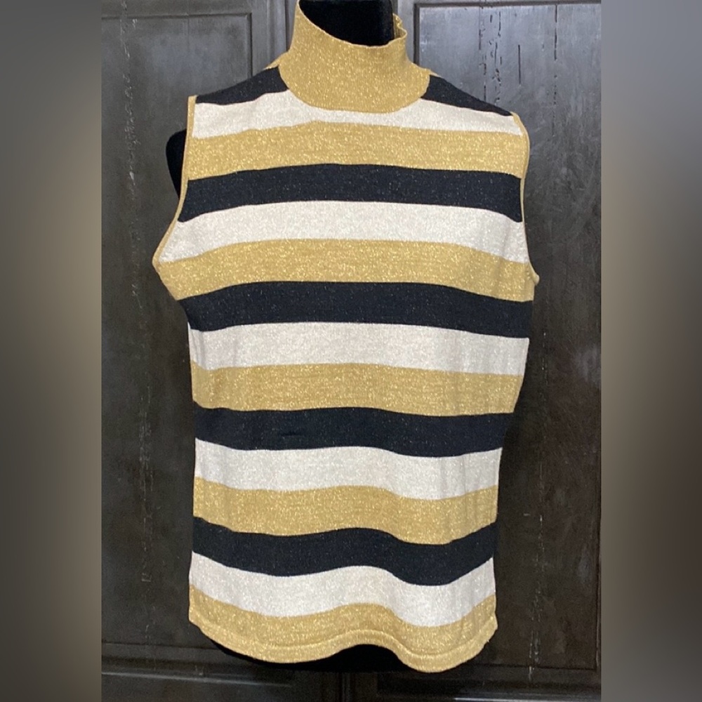 Kathy Lee metallic gold, cream & black sleeveless mock turtleneck sweater-Large